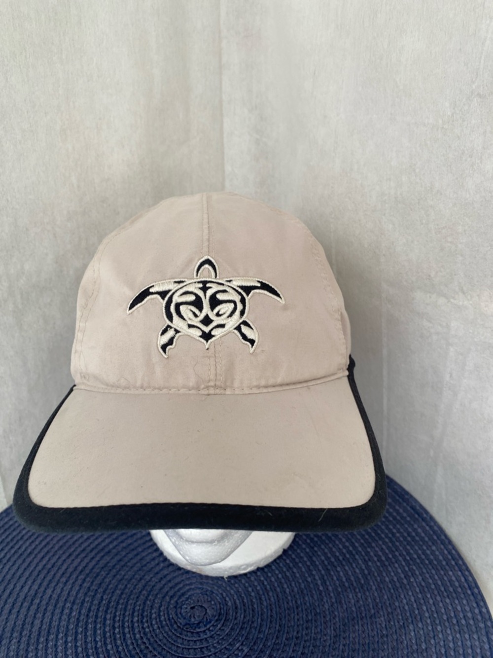 Beige Turtle Embroidered sweatband Cap Black Trim vents Tennis Golf